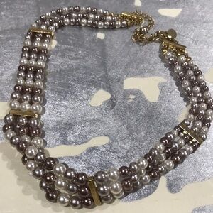 Choker necklace lucite like glass beaded white gray brown mixed lobster clasp